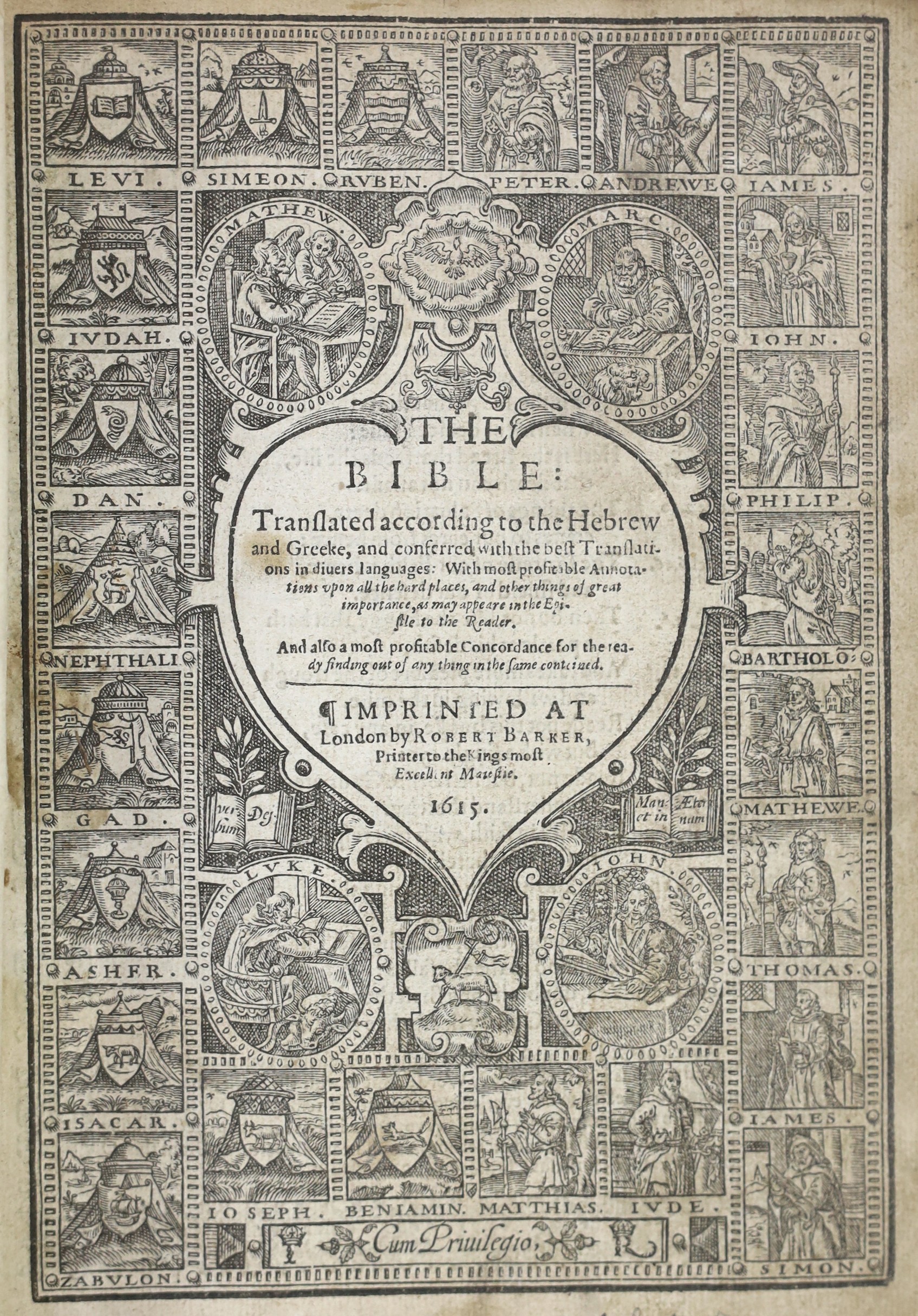 (The Bible - Geneva version, 1615) - The Bible: translated according to the Hebrew and Greeke, and conferred with the best translations in diverse languages...engraved pictorial titles (General and NT.), decorated initia
